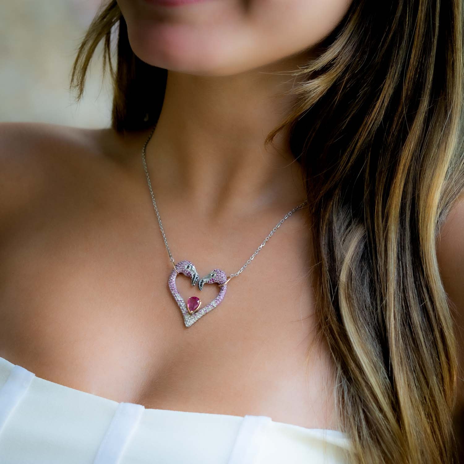 Flamingo Heart Necklace with Sapphires and Diamonds – tarujewelry