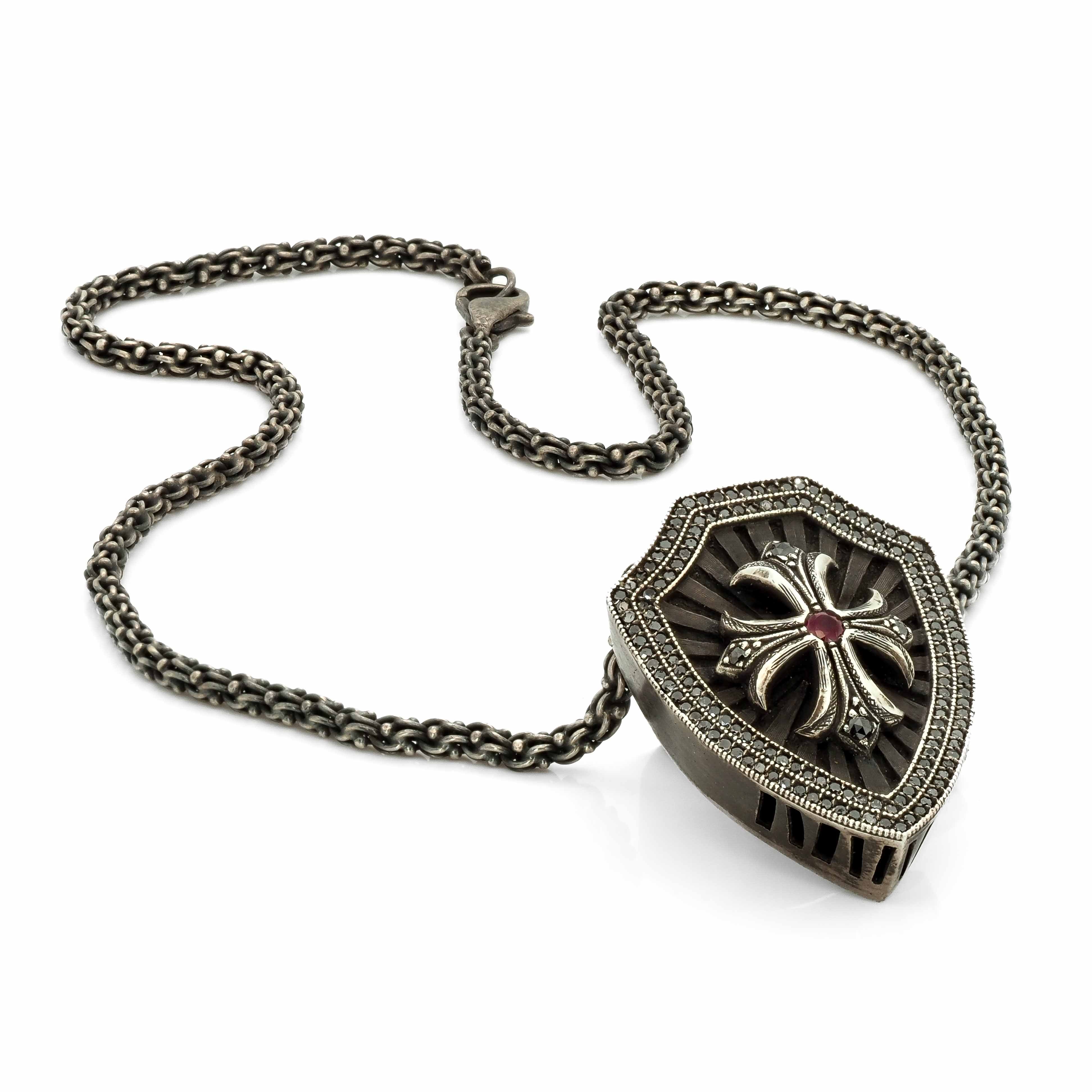 Cross and Shield Necklace with Black Diamonds