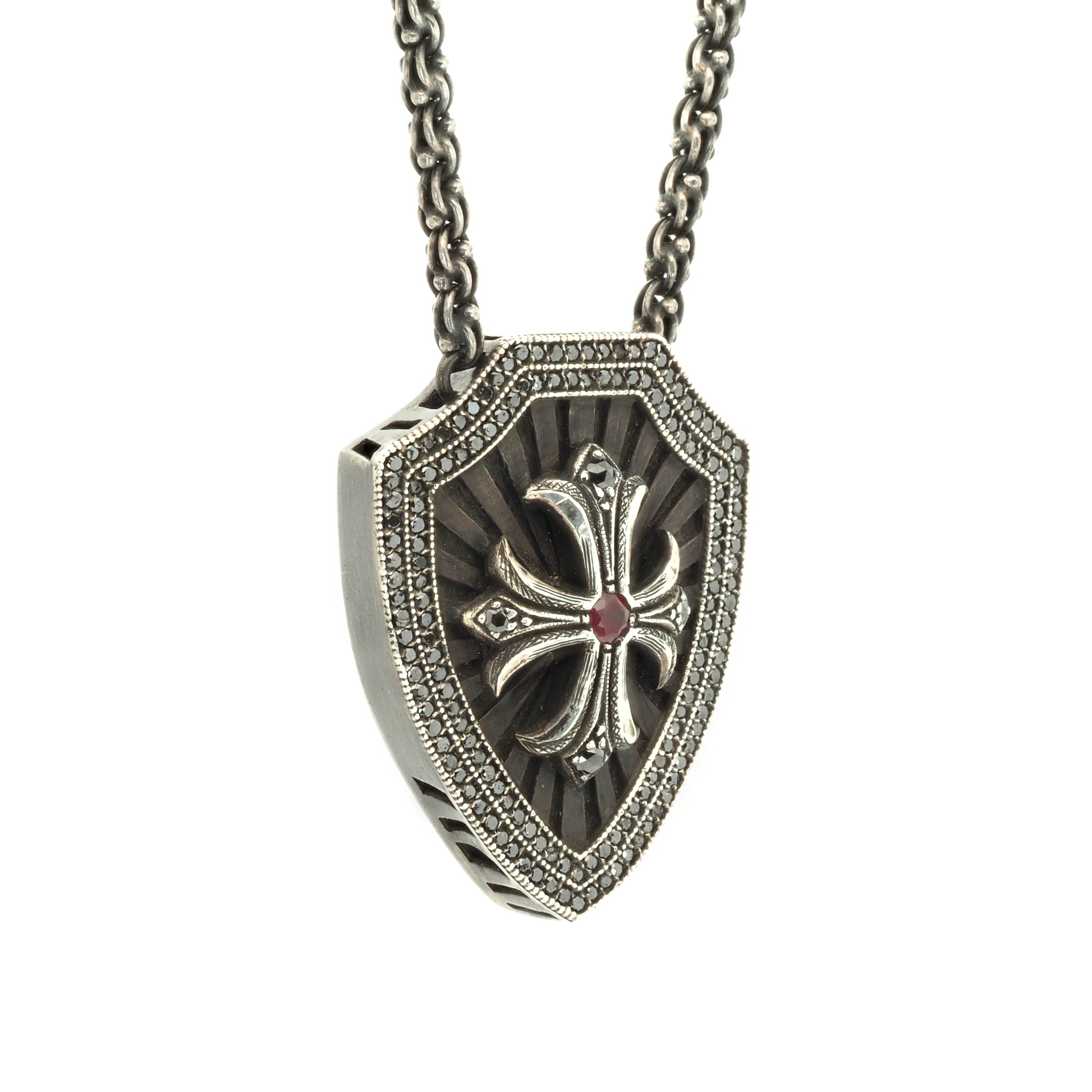 Cross and Shield Necklace with Black Diamonds