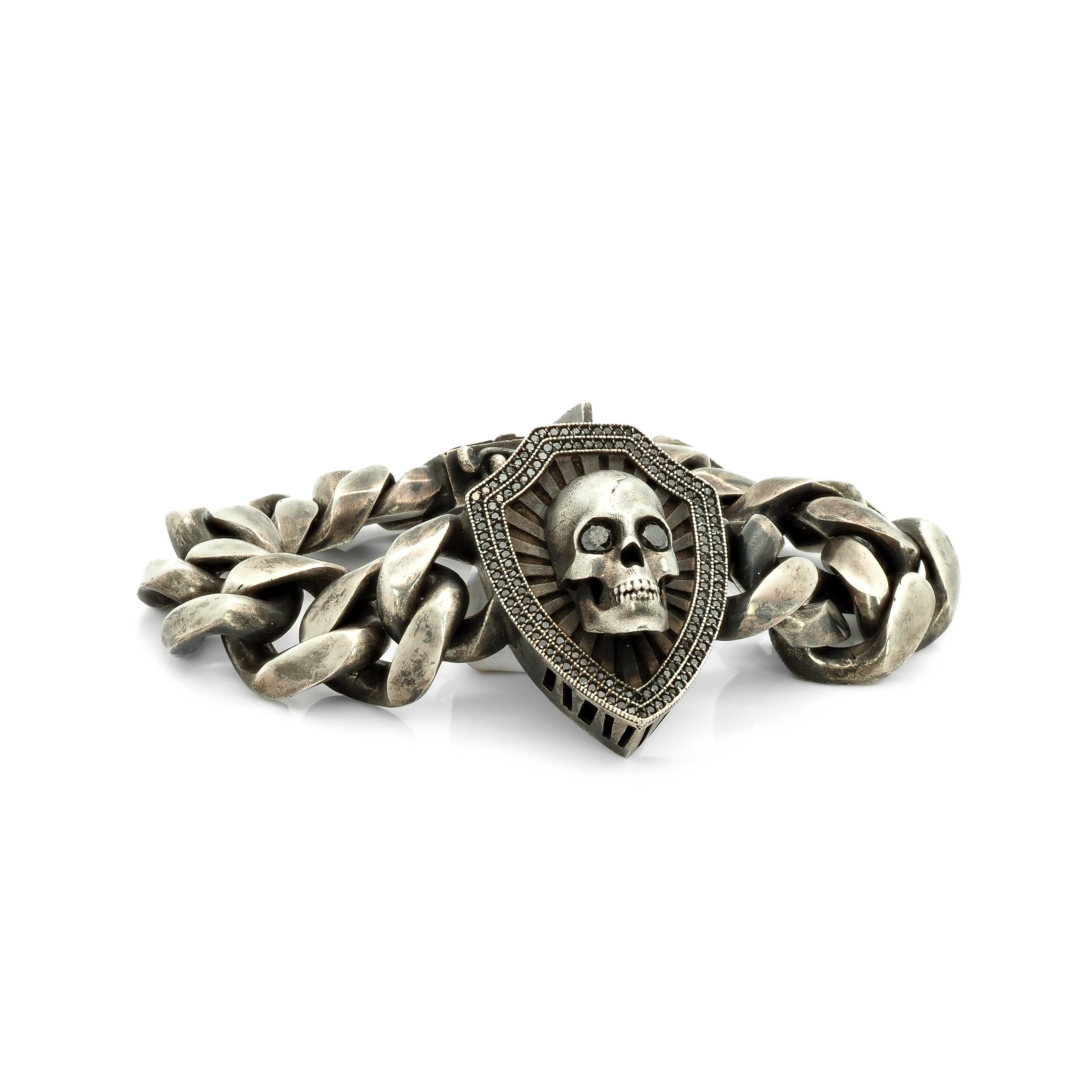 Skull and Shield Curb Bracelet with Black Diamonds