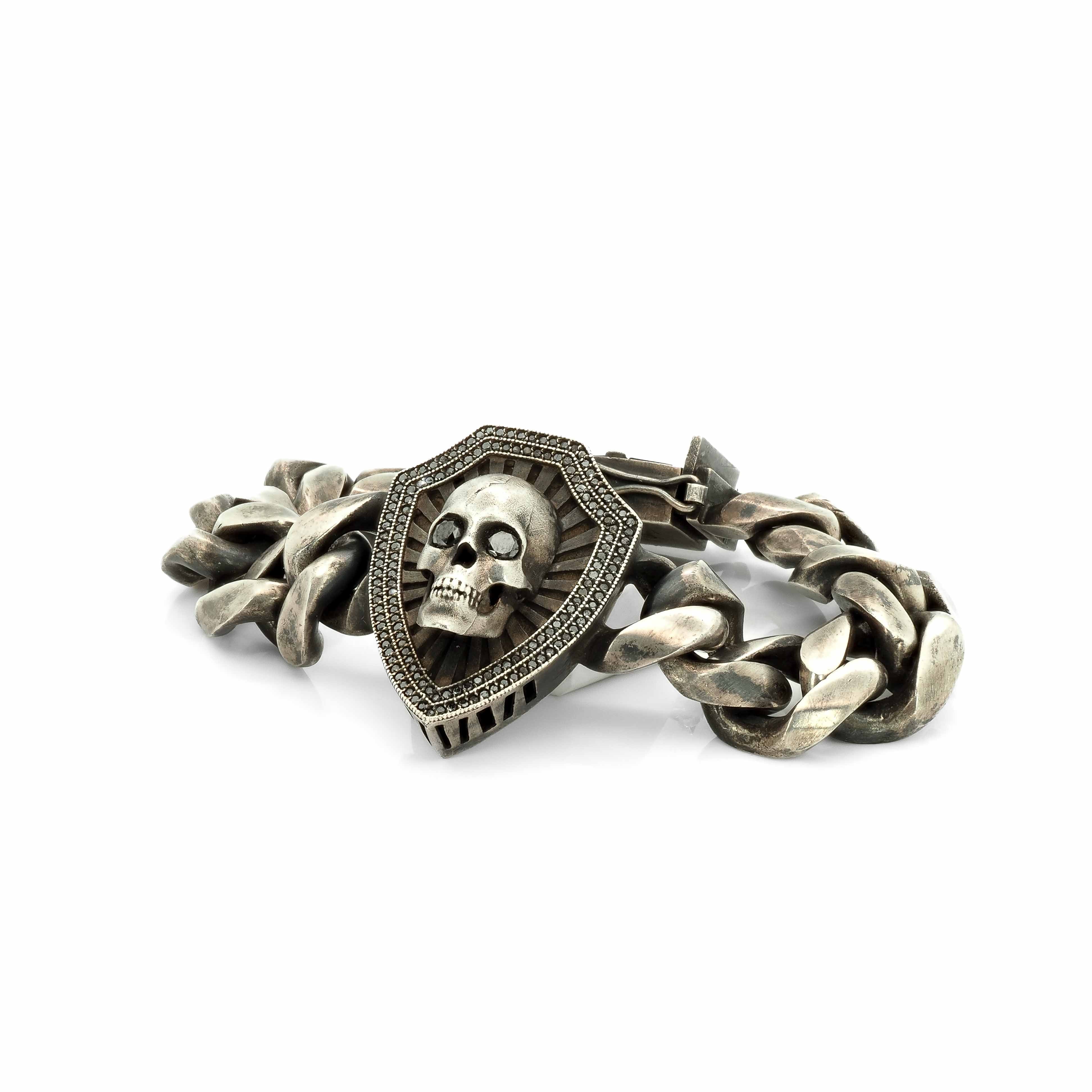 Skull and Shield Curb Bracelet with Black Diamonds