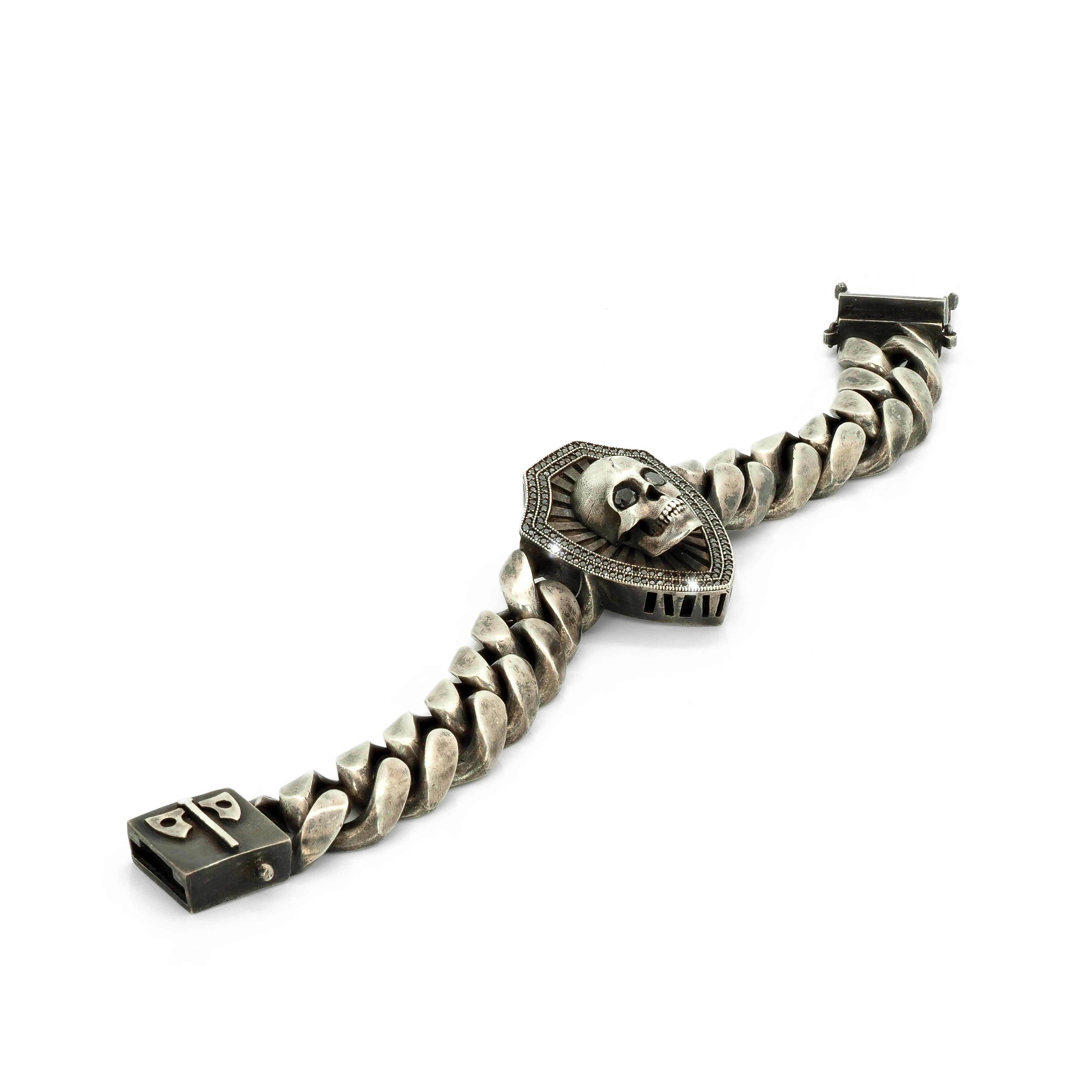 Skull and Shield Curb Bracelet with Black Diamonds