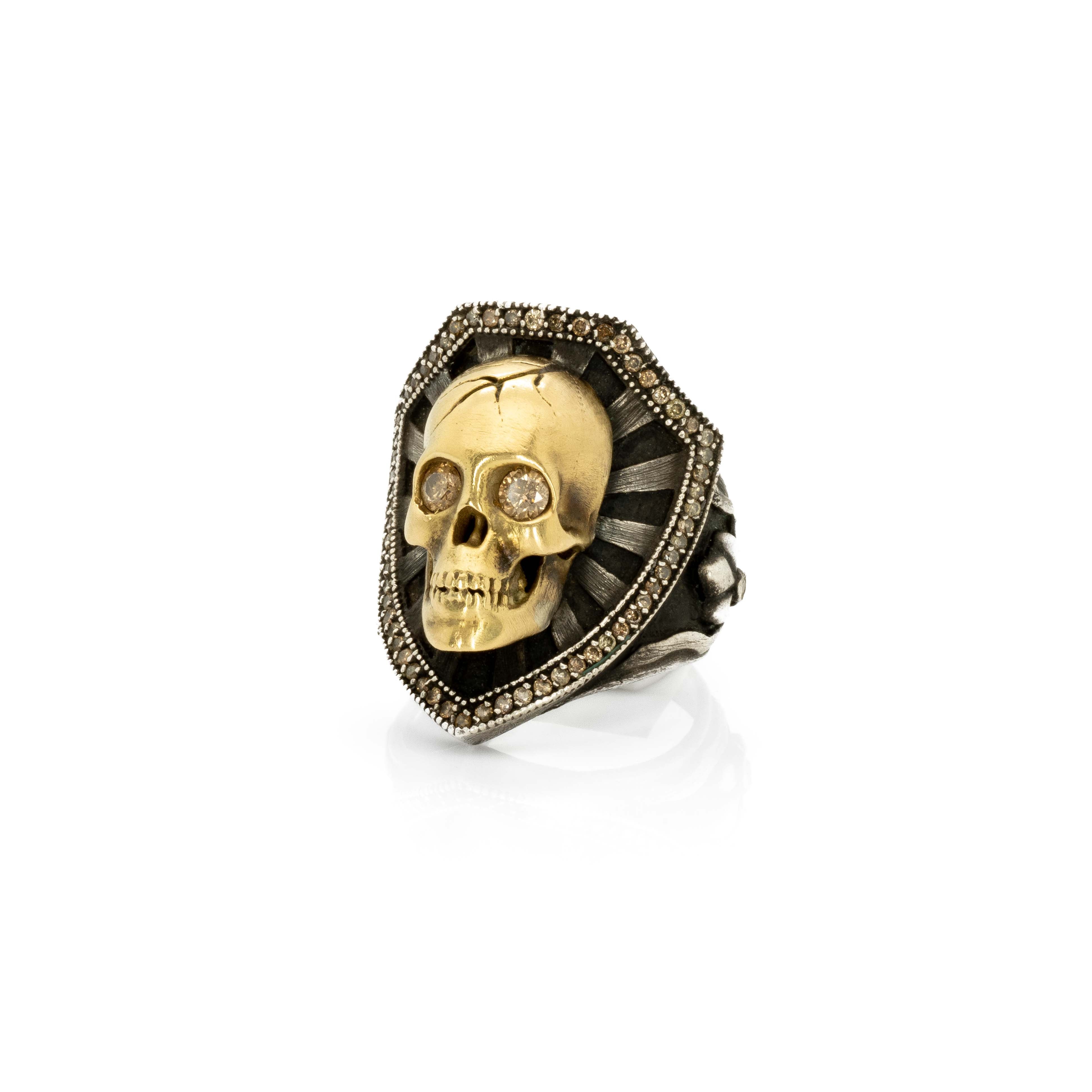 Gold Skull and Shield Ring with Diamonds