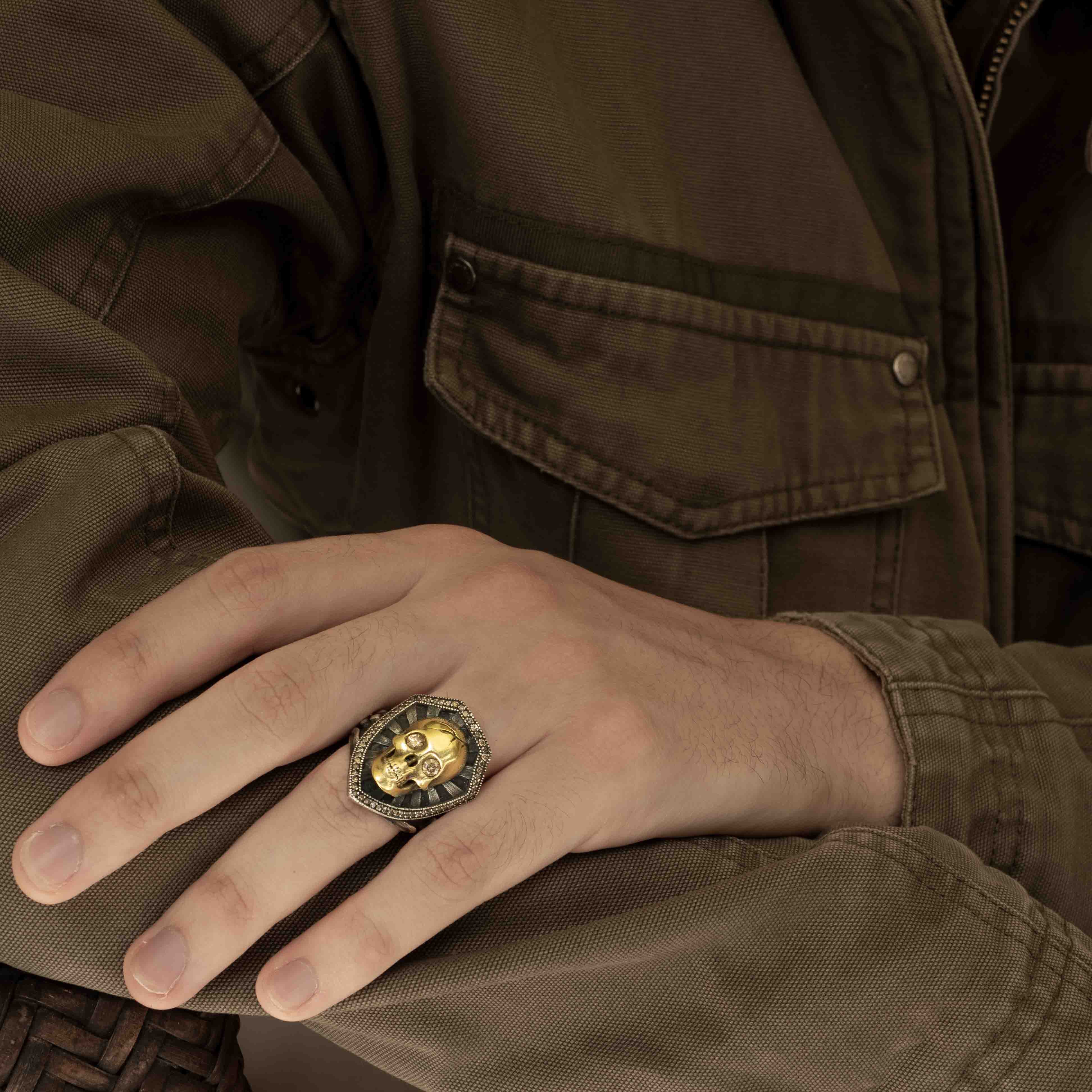 Gold Skull and Shield Ring with Diamonds