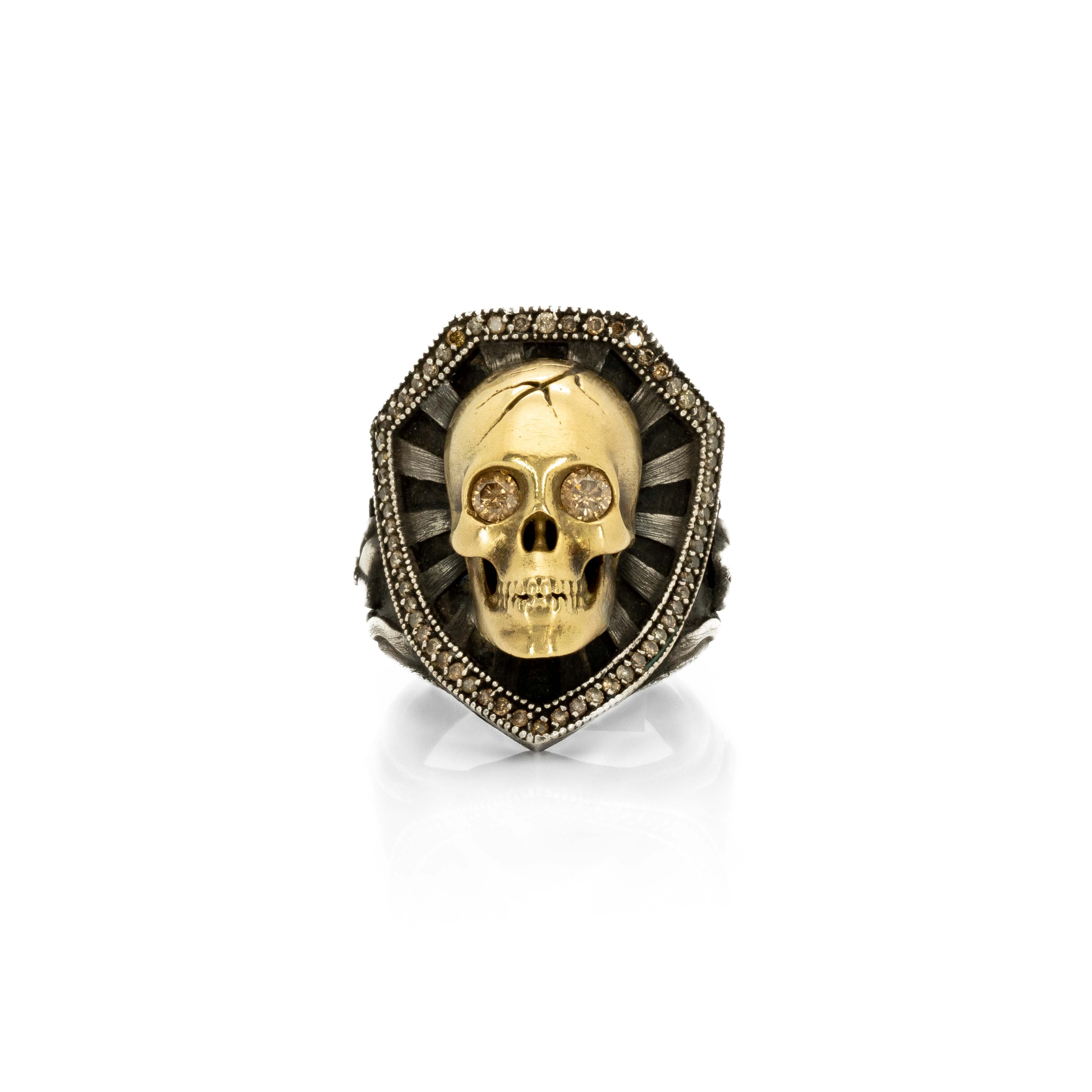 Gold Skull and Shield Ring with Diamonds