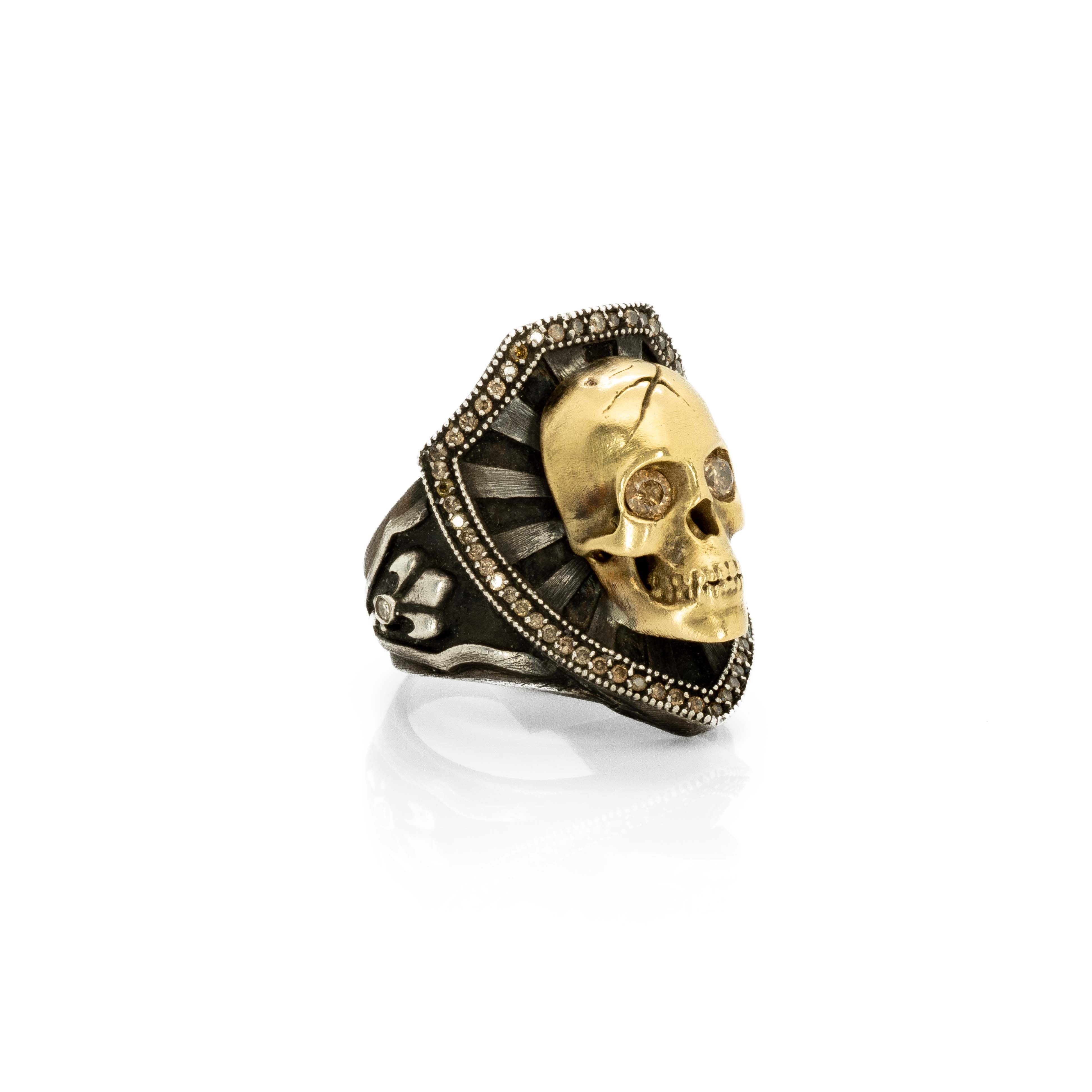Gold Skull and Shield Ring with Diamonds