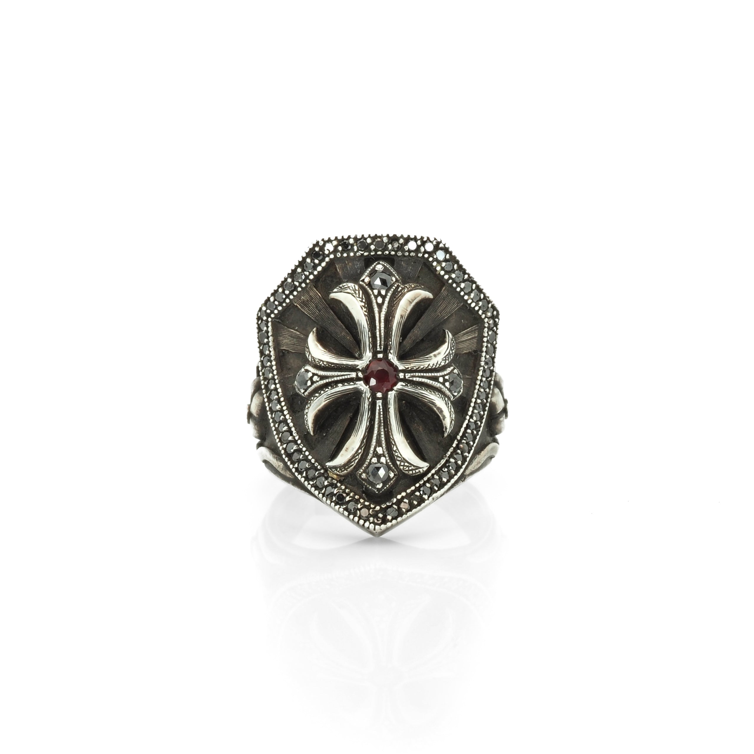 Cross and Shield Ring with Black Diamonds