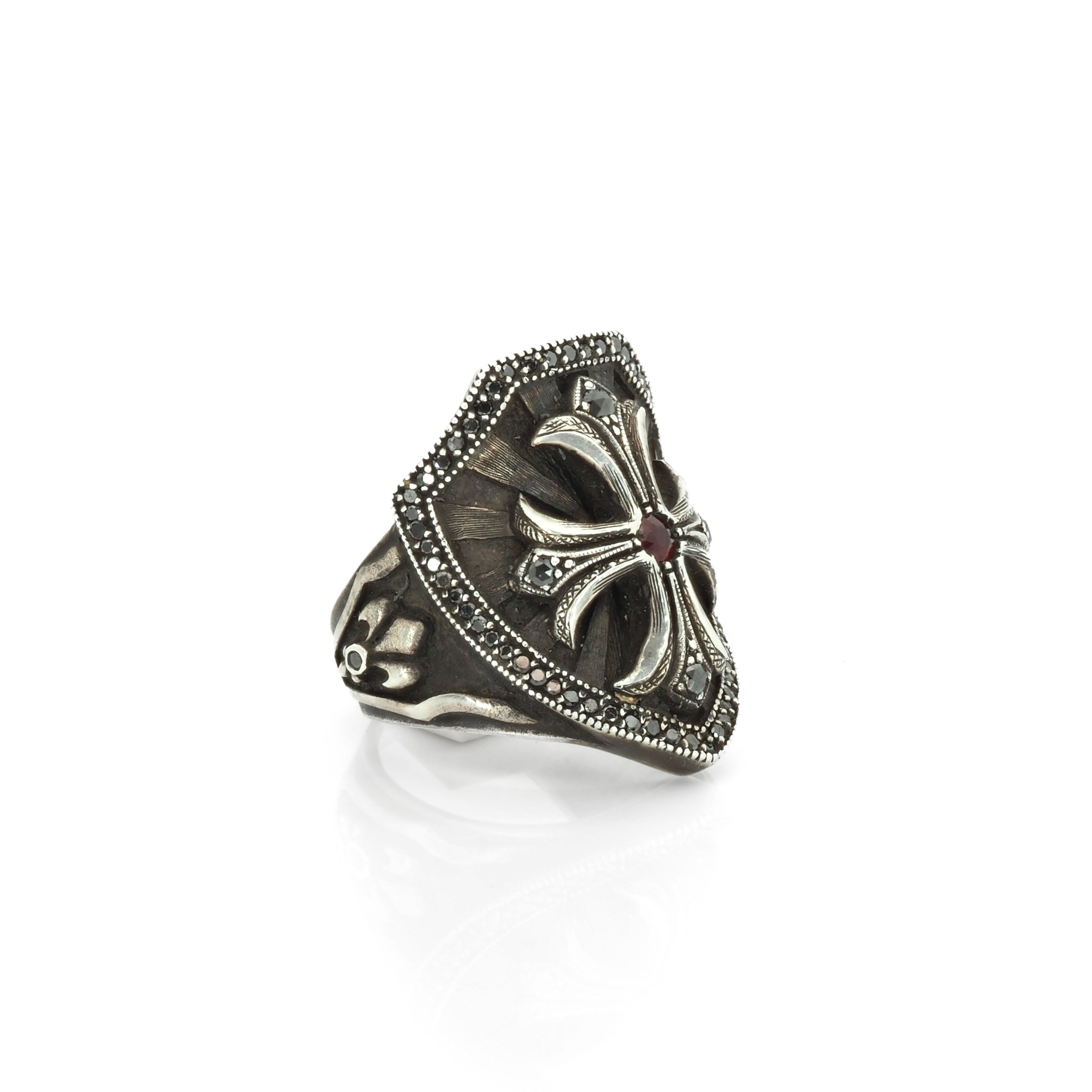 Cross and Shield Ring with Black Diamonds