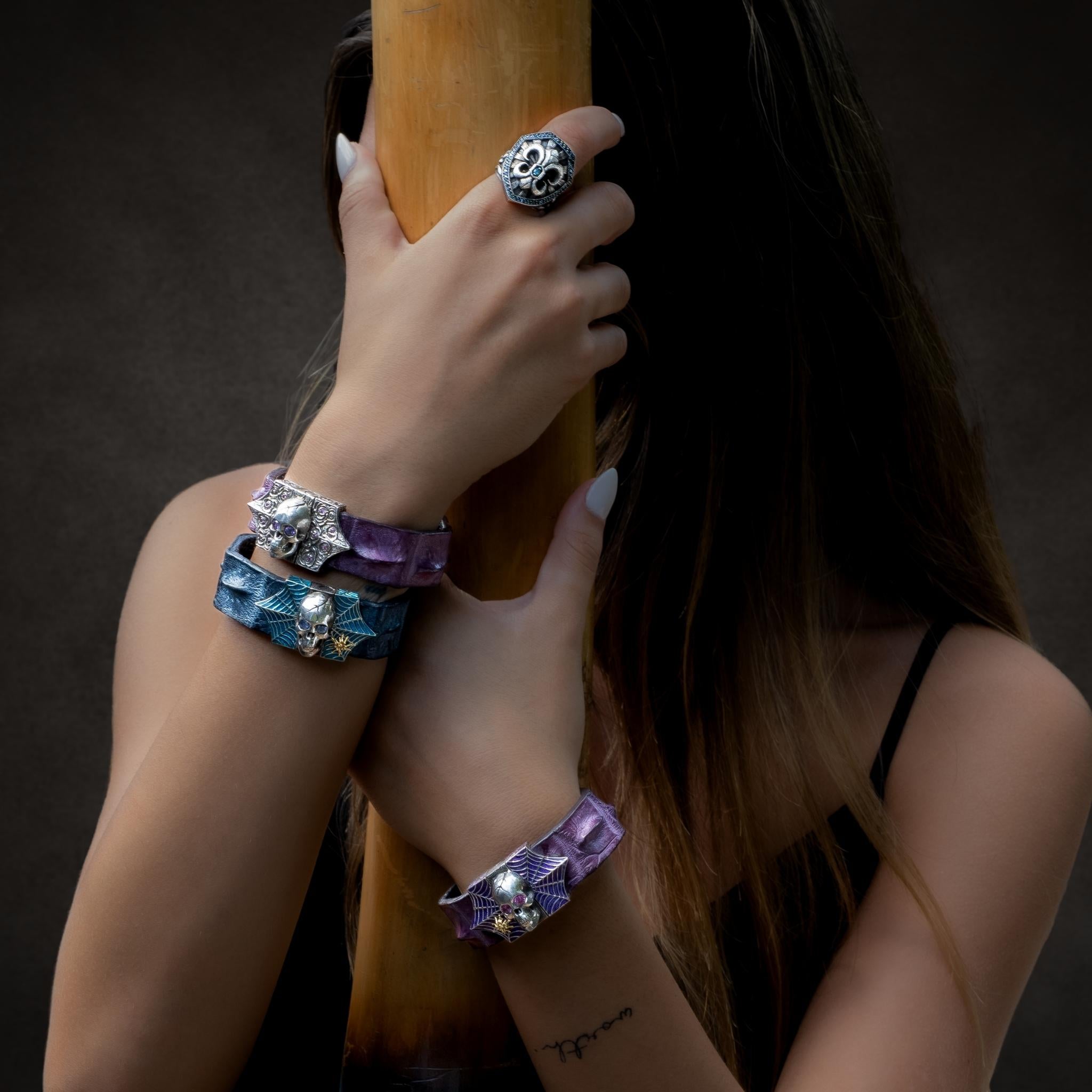 Skull and Spider Web Bracelet with Pink Sapphires