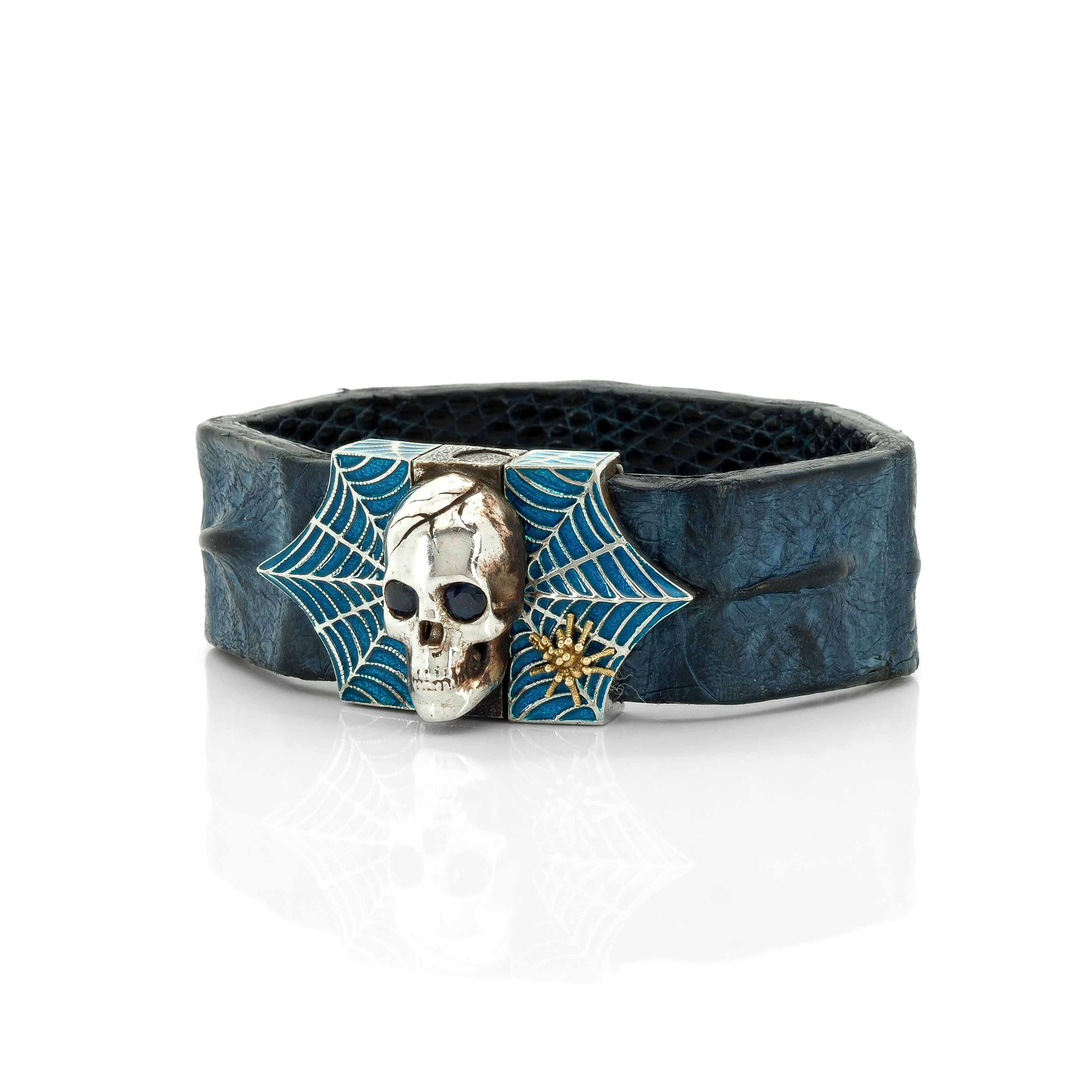 Skull and Spider Web Bracelet with Blue Sapphires