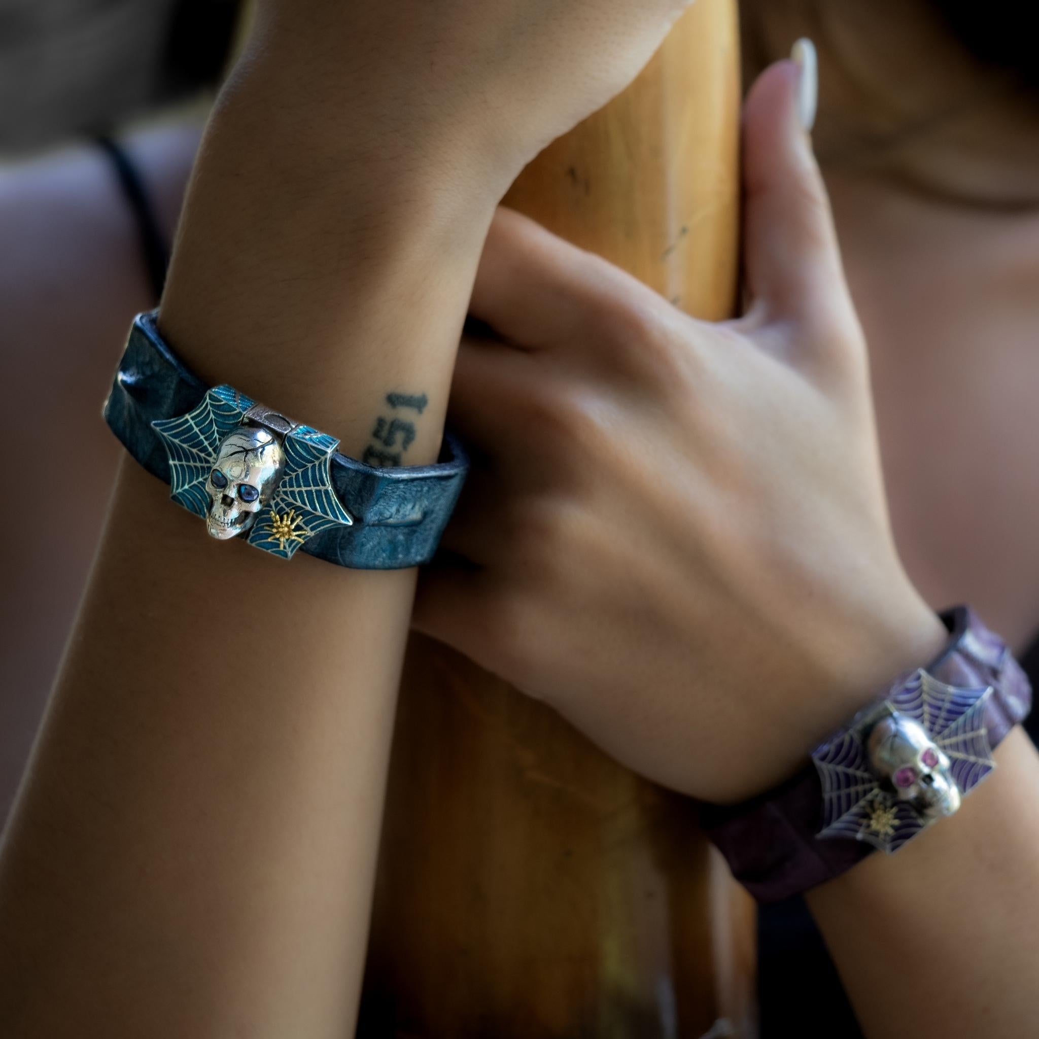Skull and Spider Web Bracelet with Blue Sapphires