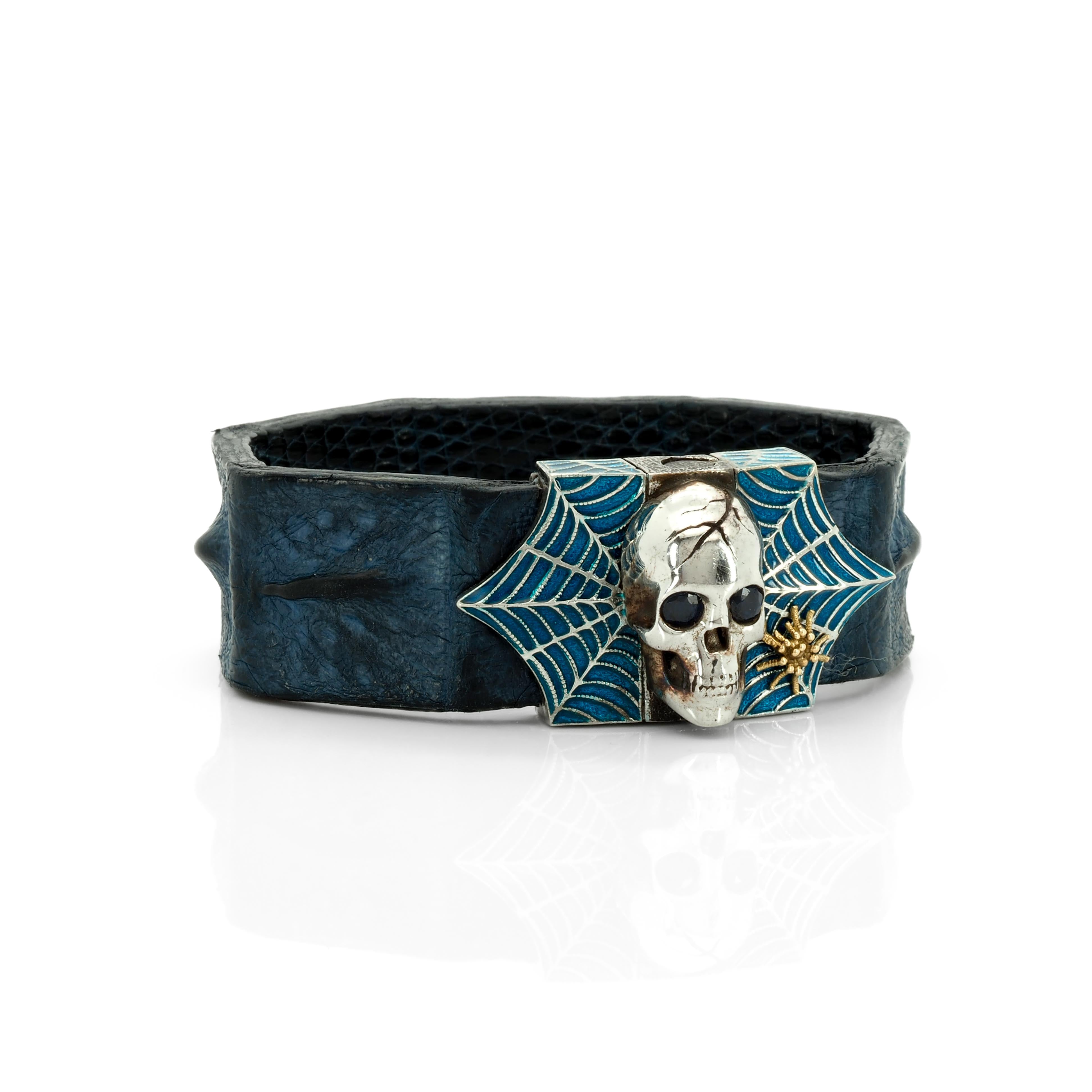 Skull and Spider Web Bracelet with Blue Sapphires