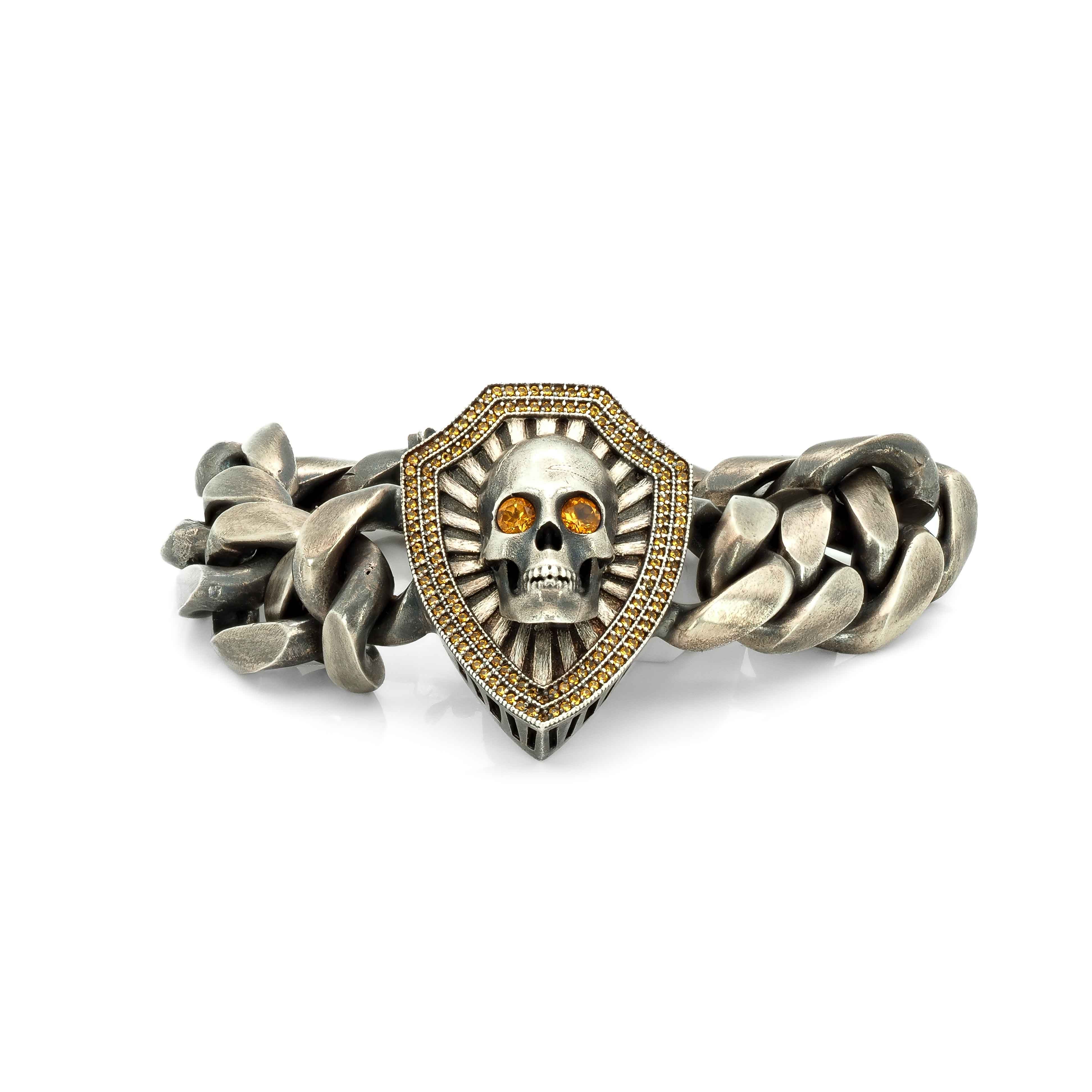Skull and Shield Curb Bracelet with Yellow Sapphires