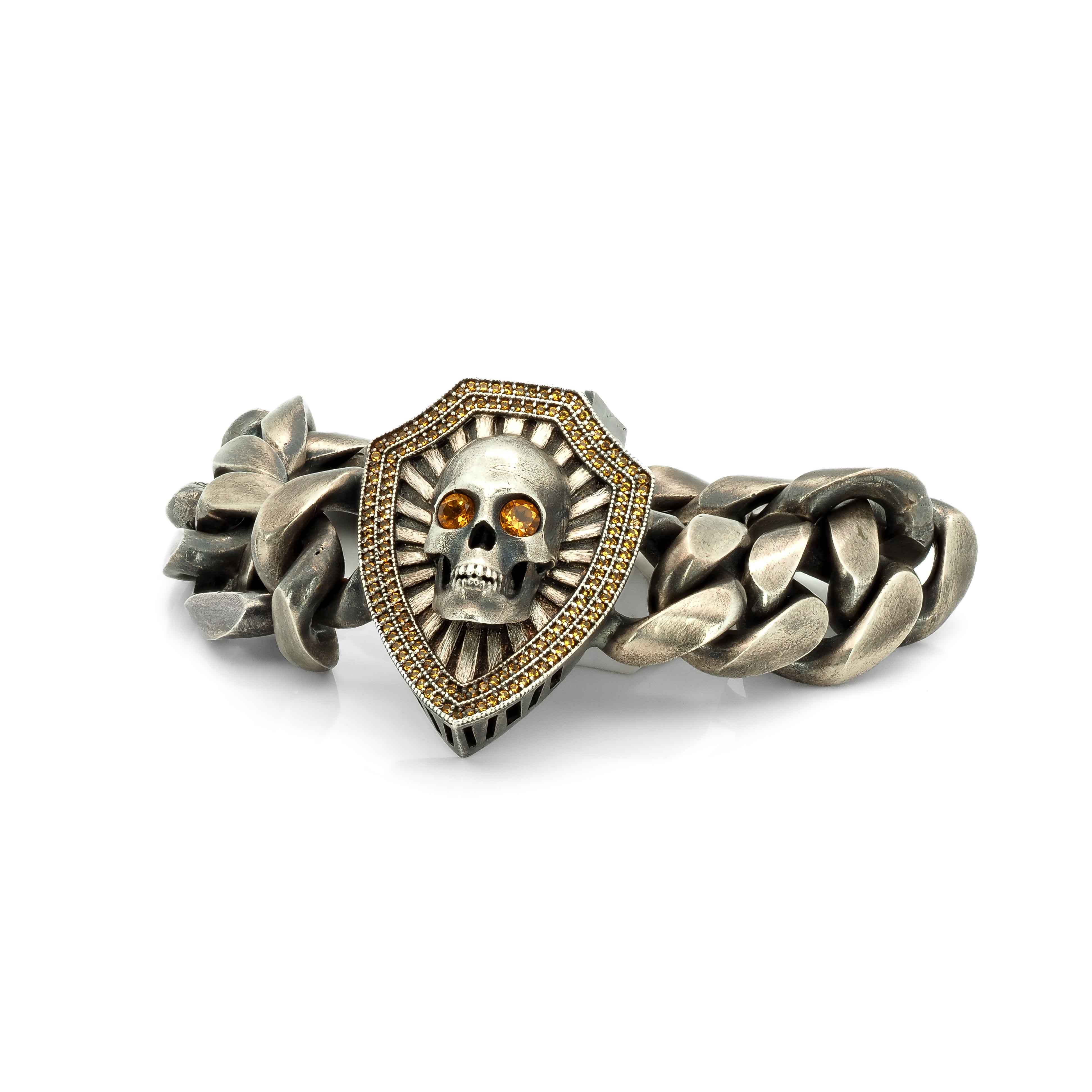 Skull and Shield Curb Bracelet with Yellow Sapphires