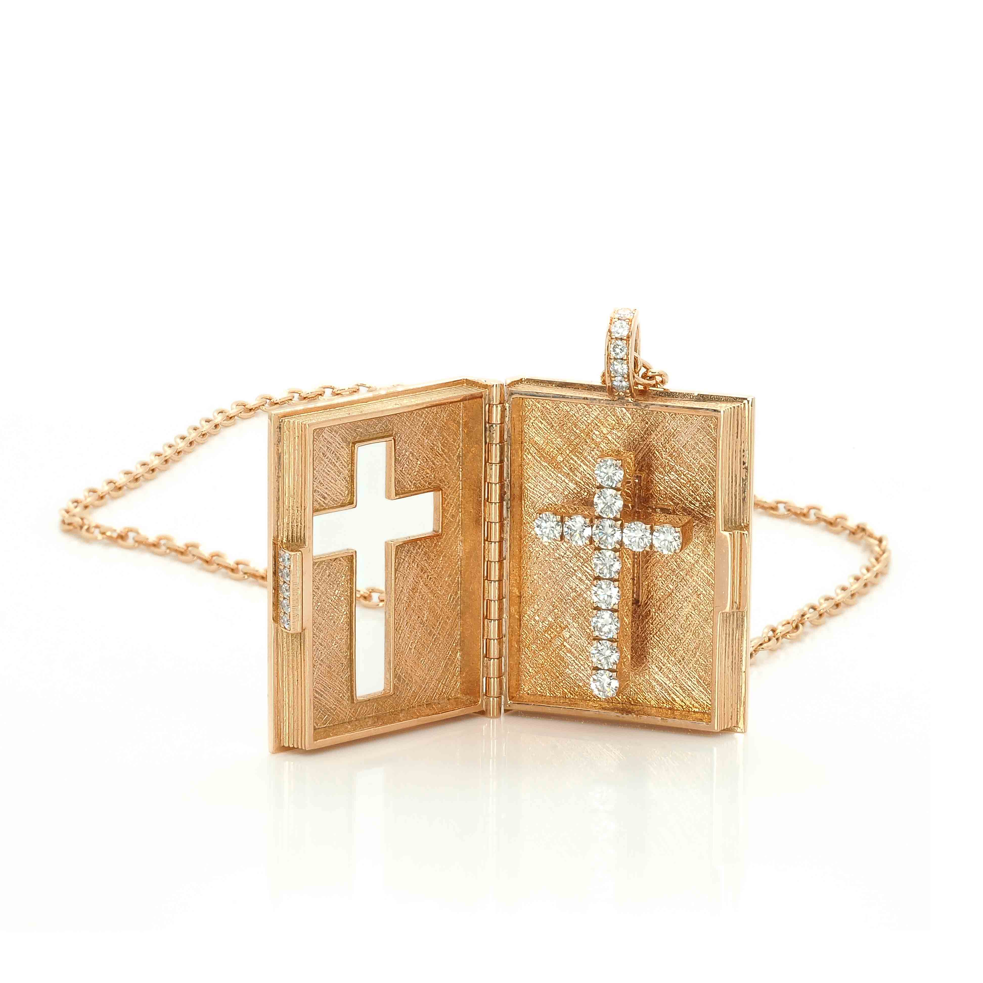 Golden Cross Book Necklace with Diamonds