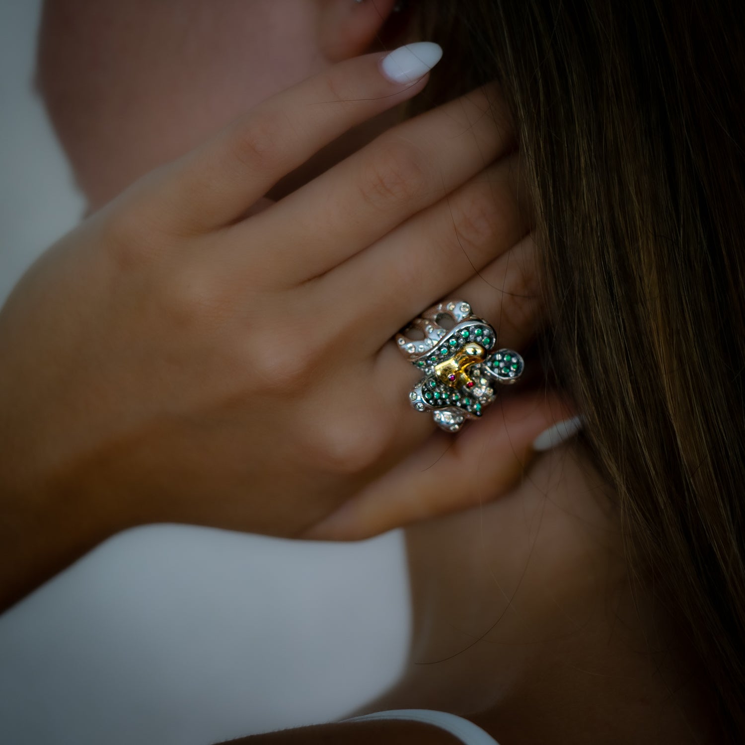 Octopus Ring with Diamonds and Emeralds