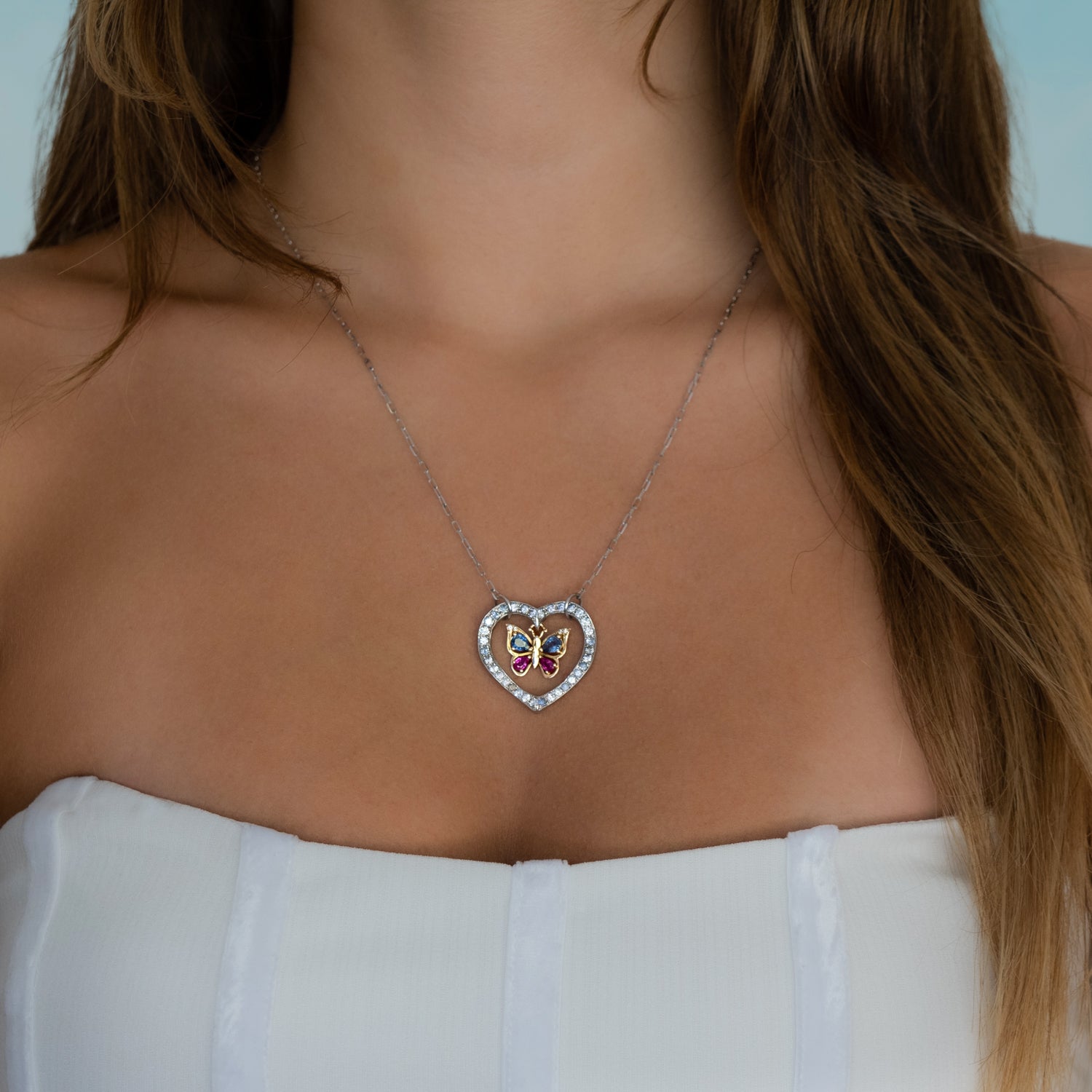 Heart and Gold Butterfly Necklace with Sapphires