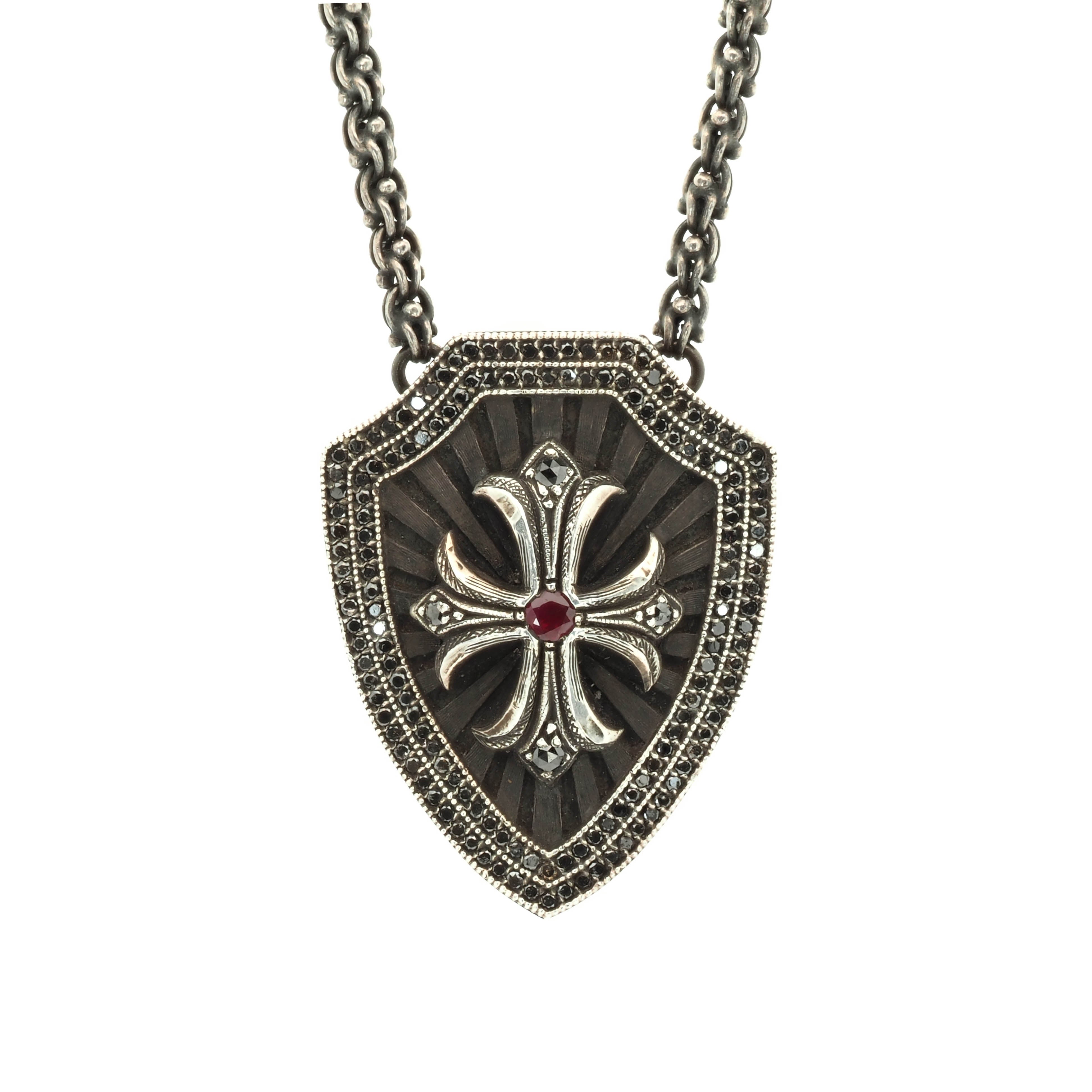 Cross and Shield Necklace with Black Diamonds