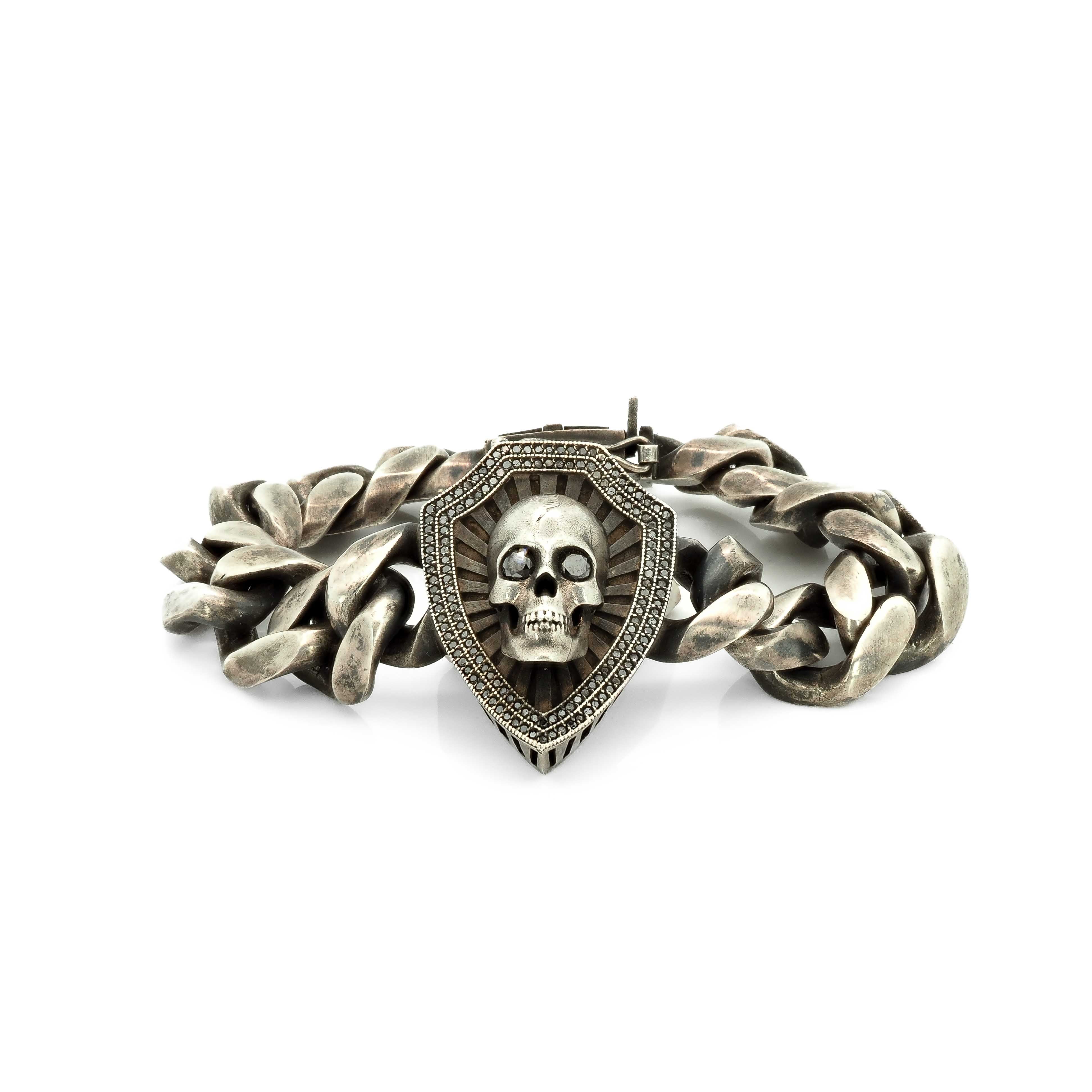 Skull and Shield Curb Bracelet with Black Diamonds