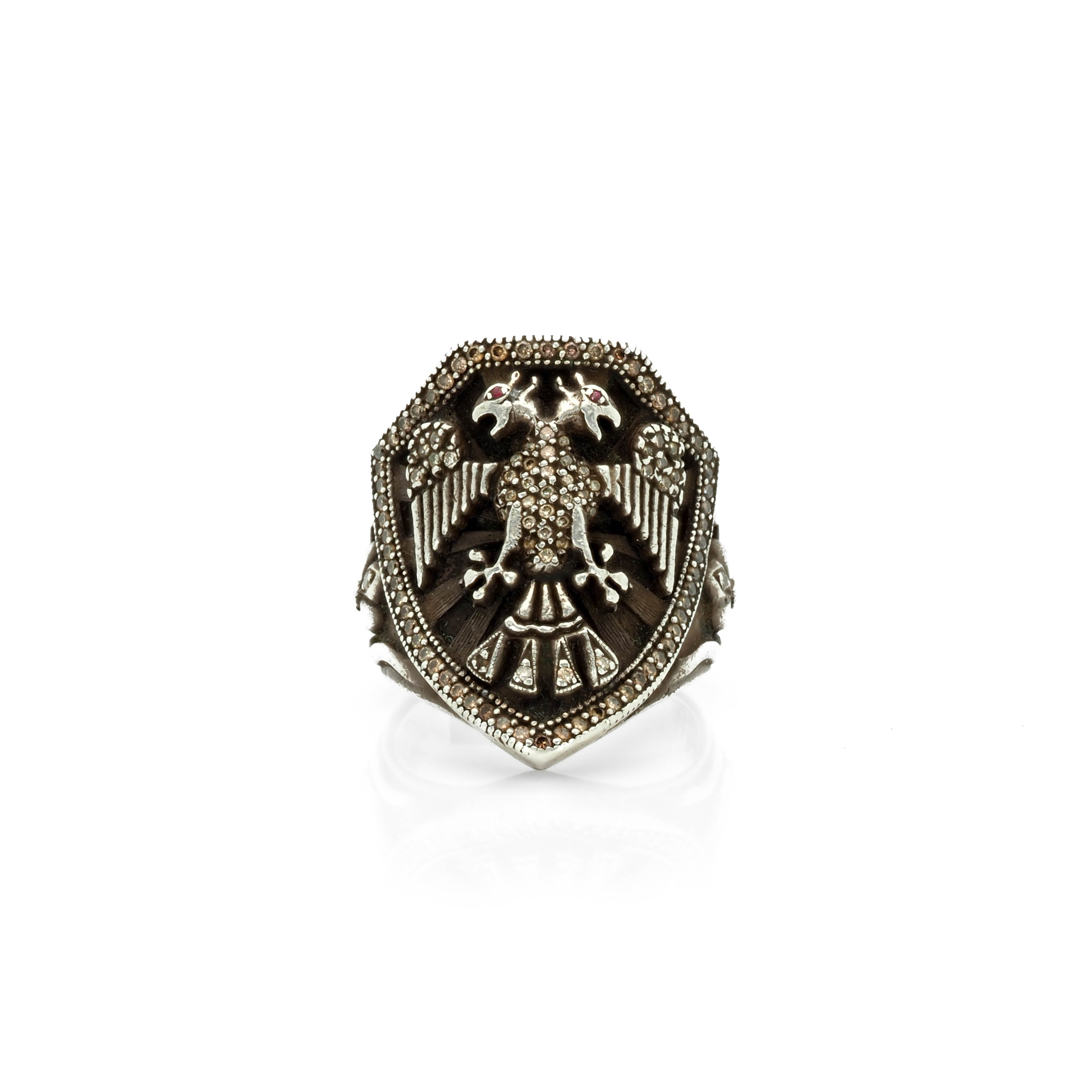 Double Headed Eagle and Shield Ring with Diamonds
