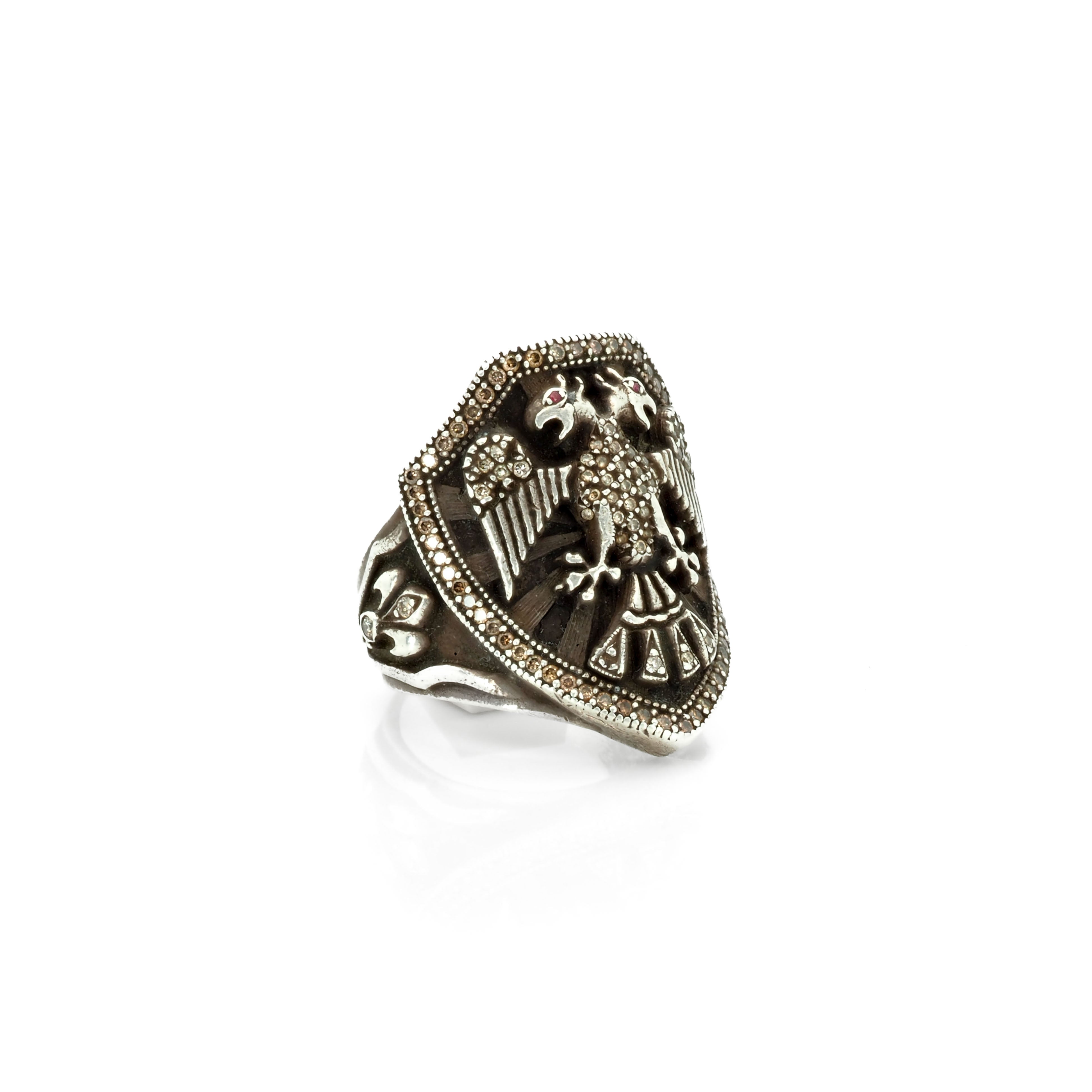 Taru Jewelry Double Headed Eagle and Shield Ring in sterling silver  with brown diamonds.