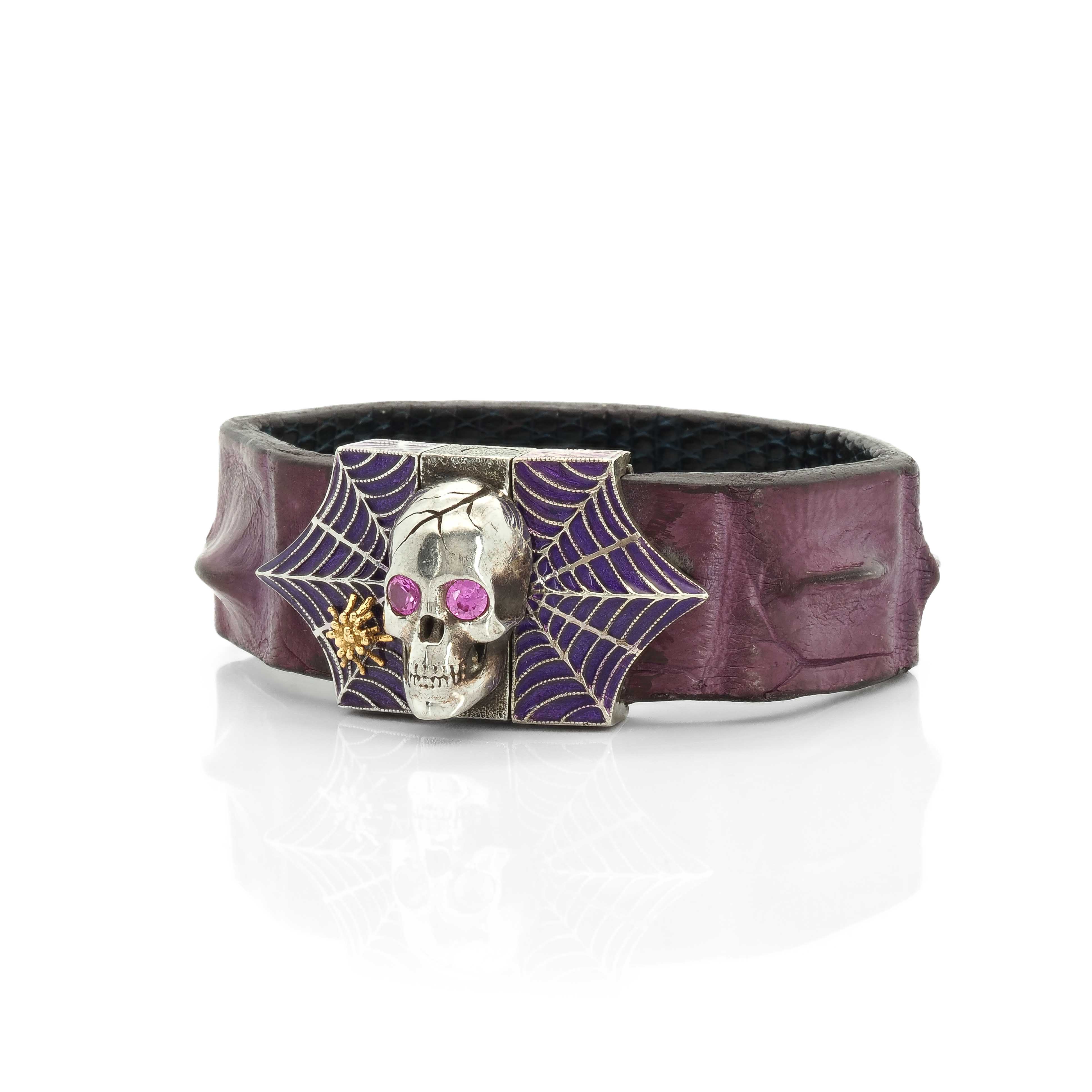 Skull and Spider Web Bracelet with Pink Sapphires