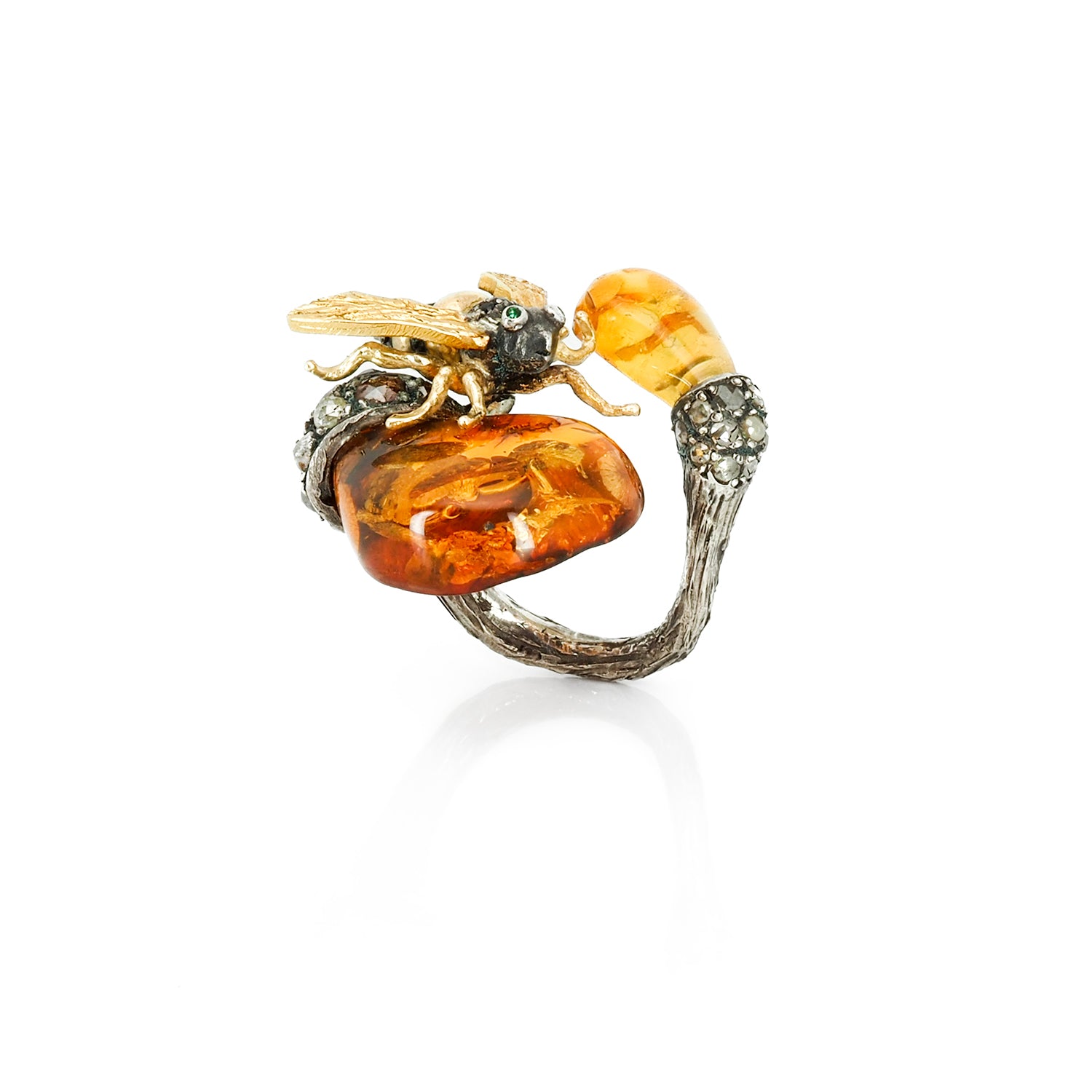 Bee Ring with Amber and Diamonds