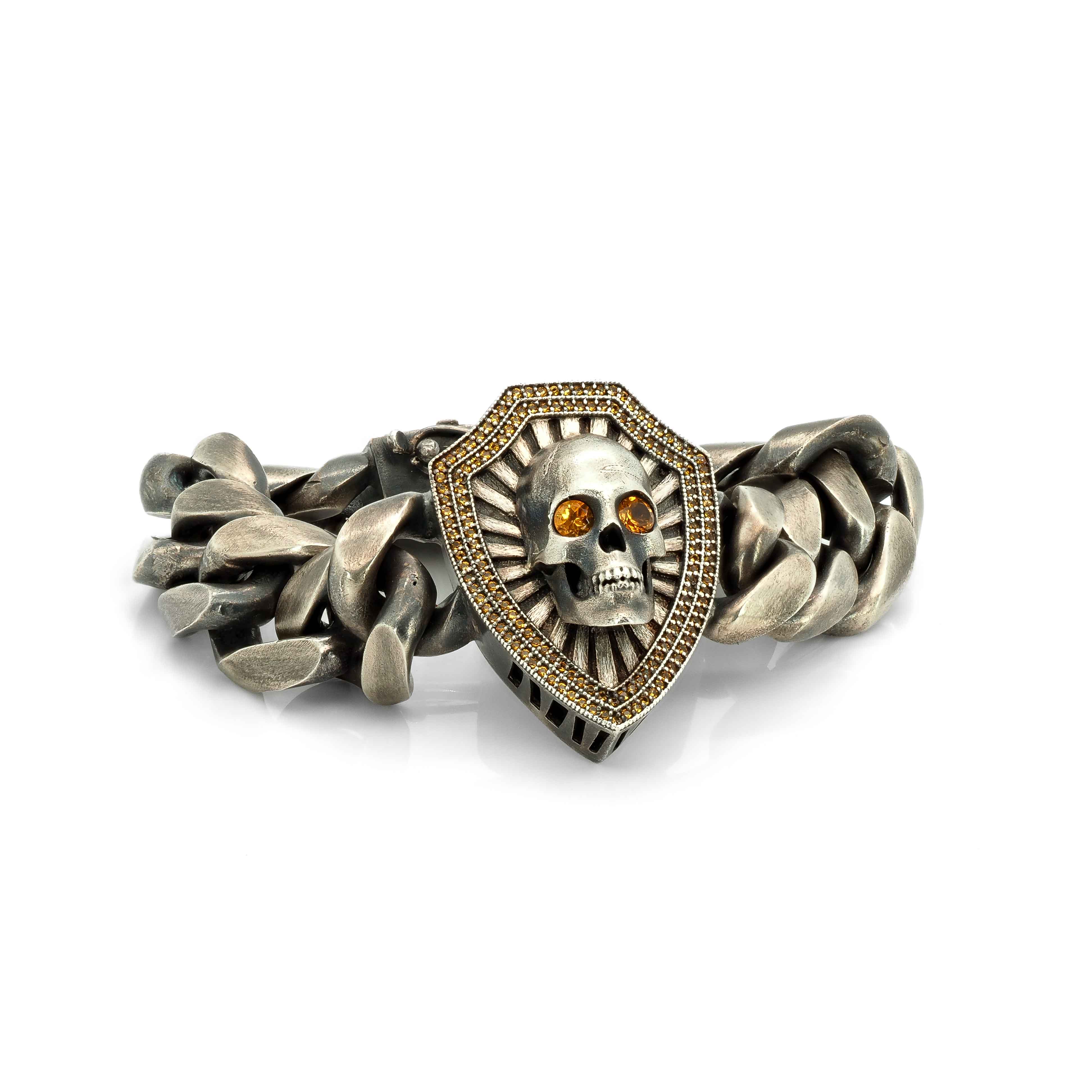 Skull and Shield Curb Bracelet with Yellow Sapphires