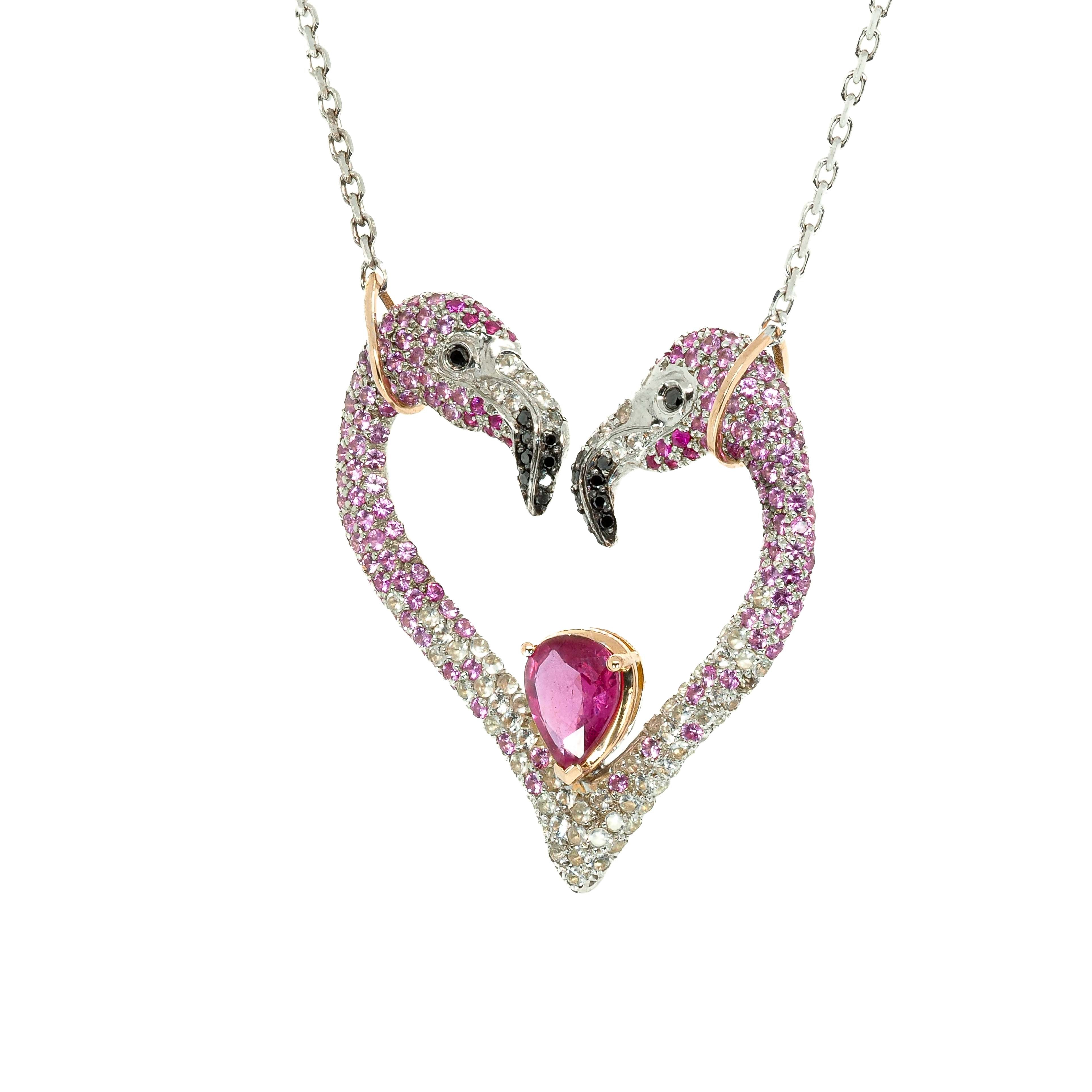 Flamingo Heart Necklace with Sapphires and Diamonds