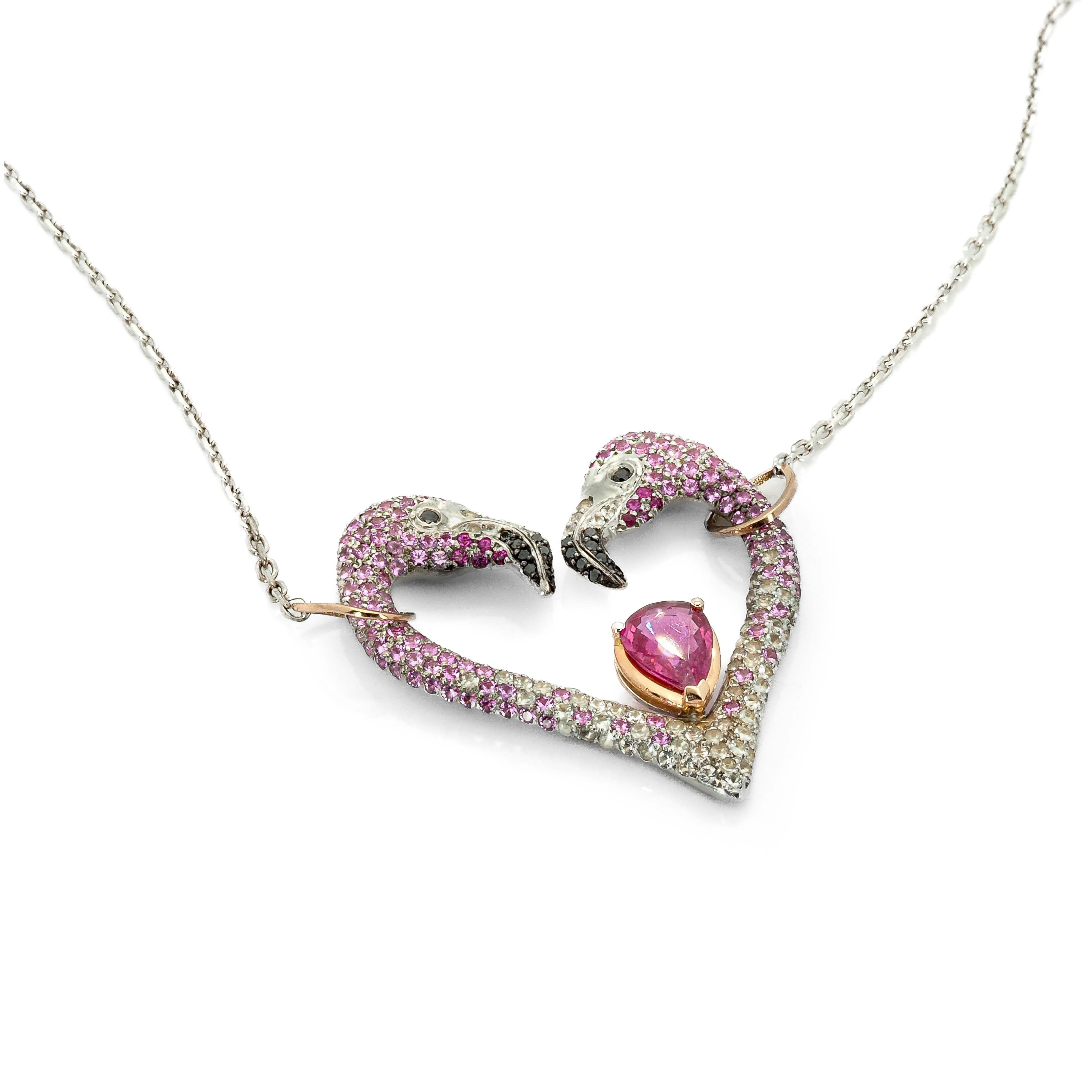 Flamingo Heart Necklace with Sapphires and Diamonds