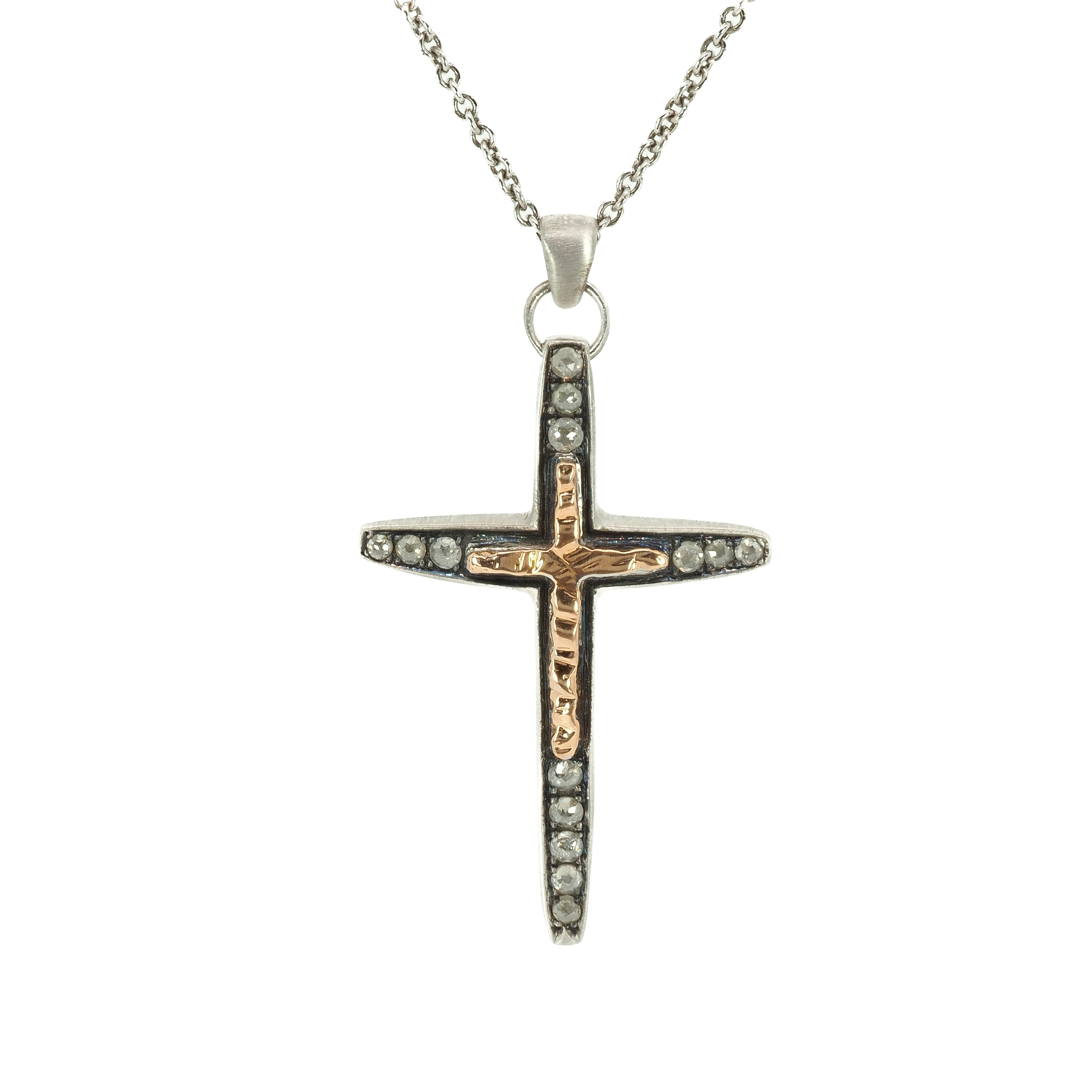 Taru Jewelry Cross Necklace crafted from 18K rose gold and sterling silver with  rosecut diamonds praises your personal faith and your personal journey in life. 