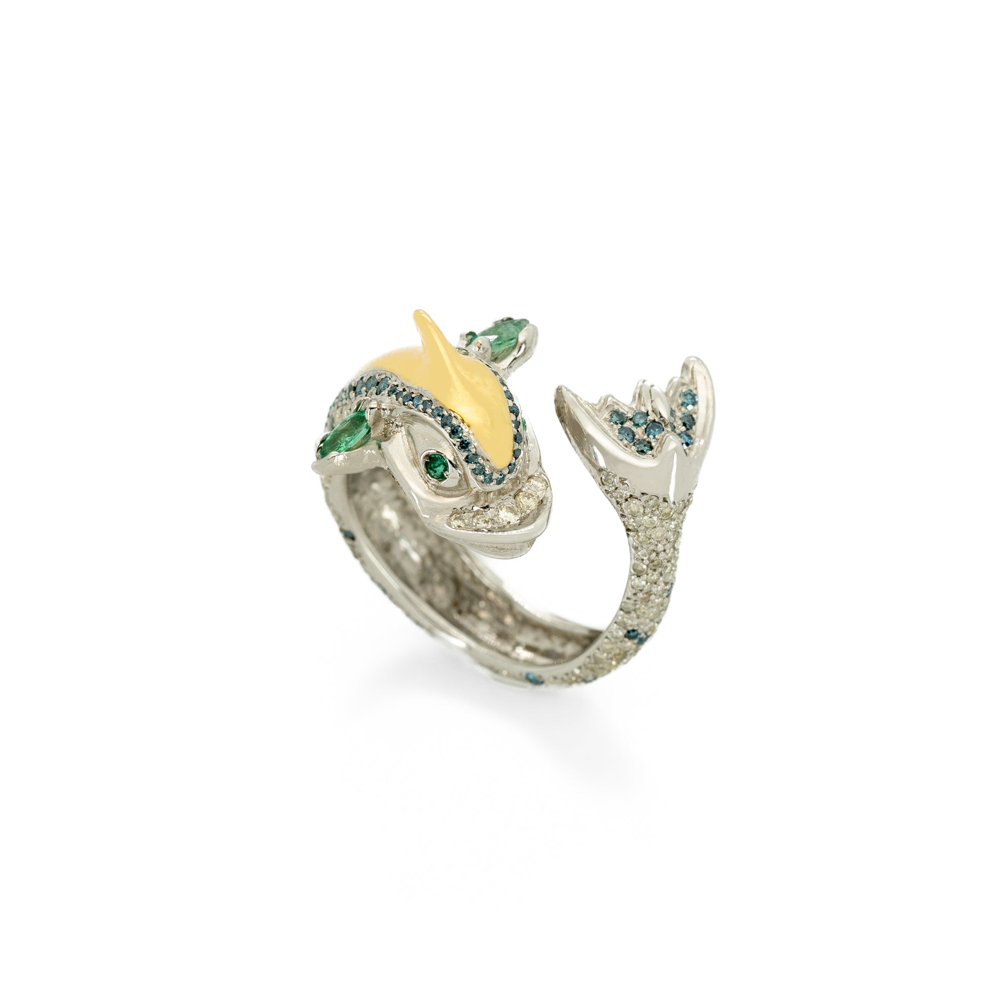 Taru Jewelry Dolphin Ring in 18K gold and sterling silver is decorated with champagne and blue diamonds. The fins are finely set with marquise cut emeralds.